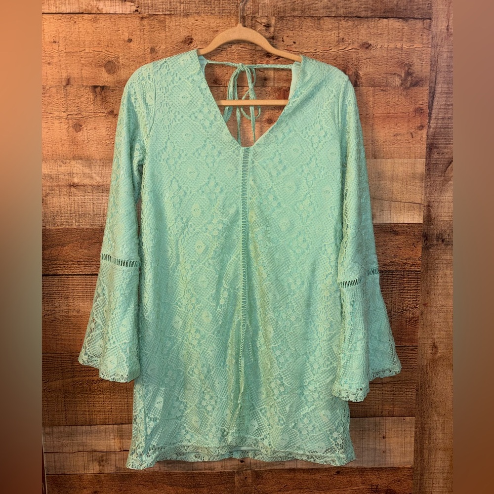 Francesca's Susy Crochet Lace Mini Bell Sleeve Boho Dress - Picture 2 of 6